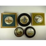 Five framed Victorian Prattware pot lids, 'Strathfieldsay', 'The Harbour Margate' and three others.