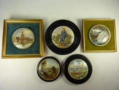 Five framed Victorian Prattware pot lids, 'Strathfieldsay', 'The Harbour Margate' and three others.