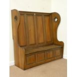 High panelled back pine church style pew fitted with two hinged compartments, W168cm, H168cm,