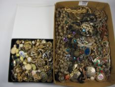 Gilt coloured vintage and later costume jewellery in two boxes