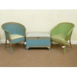 Two Lloyd Loom tub shaped armchairs and a similar blanket box (W70cm)