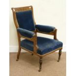 Edwardian inlaid rosewood armchair with upholstered seat, back and arms,