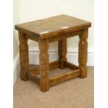 Golden oak joint stool with adzed top and stretchers, 40cm x 28cm,