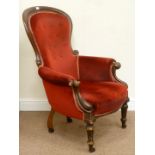 Victorian walnut spoon back armchair, carved detail, fluted front legs,