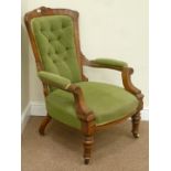 Late Victorian walnut framed upholstered armchair,