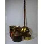 Victorian copper kettle, copper and brass coal bucket, jam pan ,19th century warming pan and brass