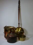 Victorian copper kettle, copper and brass coal bucket, jam pan ,19th century warming pan and brass
