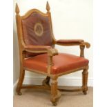 Edwardian Scarborough Council motif golden oak wide seat Throne chair,