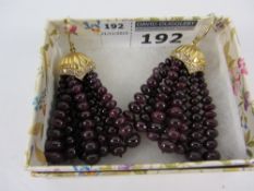 Pair ruby bead ear-rings with diamond set gold crowns hallmarked 18ct
