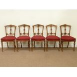 Set five late Victorian walnut dining chairs with serpentine upholstered seats, fluted legs,