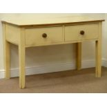 20th century painted pine two drawer side table on square legs, W122cm, D61cm,