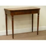 19th century banded figured mahogany foldover baize lines card table on gateleg base, W91cm, H75cm,