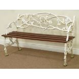 Victorian white painted heavy cast iron tree effect bench with slatted seat,