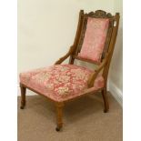 Edwardian inlaid rosewood drawing room chair, carved detail, raised on front spade legs,