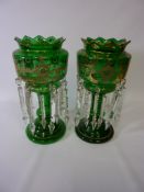Pair Victorian green glass table lustres H37cm