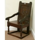 17th century and later oak jointed Wainscot chair, tipped, with carved back fielded panel,