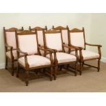 Set six Edwardian oak carver armchairs, pink upholstery,