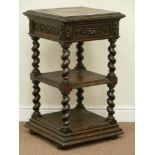 Victorian oak carved three tier whatnot fitted with single drawer, barley twist supports,