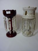 Two Victorian table lustres H33cm diminishing and a Victorian display stand under glass dome