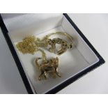 1960's stone set hallmarked 9ct gold ring in the form of a cat and a cat pendant necklace stamped