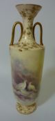 Early 20th century Doulton Burslem classical style twin handled vase hand painted with white grouse