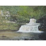 'Cotter Force Falls North Yorkshire', watercolour heightened in white signed by Derek Molloy,