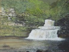 'Cotter Force Falls North Yorkshire', watercolour heightened in white signed by Derek Molloy,