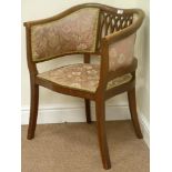 Edwardian inlaid mahogany tub shaped elbow chair with upholstered seat and sides,