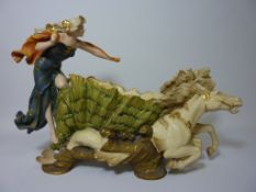 Royal Dux centrepiece in the form of a maiden driving a chariot L40cm Condition Report Losses and