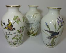 Three Franklin Porcelain vases decorated with birds 'The Marshland Bird Vase',