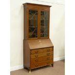 Edwardian mahogany banded bureau bookcase enclosed by two astragal glazed doors above fall front