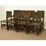 Early 20th century set eight Carolean style oak (6+2) dining chairs,