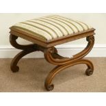 Victorian rosewood x-framed stool with upholstered drop in seat, carved detail,