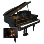 Challen baby grand piano in Chinoiserie lacquered finish case, iron frame with over strung movement,