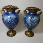 Pair 19th century blue and white continental vases with gilt decoration