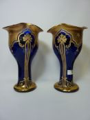 Pair 19th/20th century Art Nouveau style Bristol blue and gilt vases H28cm