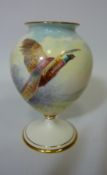Minton pedestal vase hand painted with pheasants in a countryside setting by R. Holland H12.