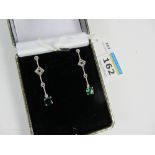 Pair of marcasite and green stone pendant ear-rings stamped 925