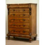 Victorian figured mahogany Scotch chest fitted with secret frieze drawer above five graduating
