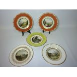 Five Royal Crown Derby cabinet plates hand painted with landscapes by M.