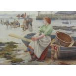 Ralph Todd (Newlyn School 1856-1932): Fisher-Girl Waiting on the Shore, watercolour signed 38cm x