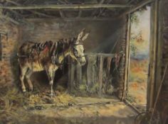 E Morrill (19th century): Donkey in Stable setting, oil on board signed and dated 1879,