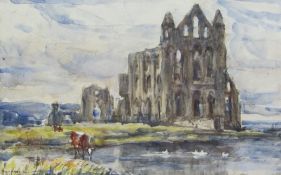 Rowland Henry Hill (Staithes Group 1873-1952): Whitby Abbey, watercolour signed and dated 1932,