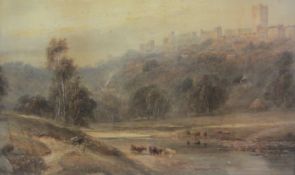 Edward Tucker (British 1846-1909): Richmond Castle with Cattle watering in the River Swale,