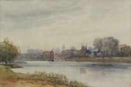 Anthony Vandyke Copley Fielding (British 1787-1855): River scene with Town in the background,