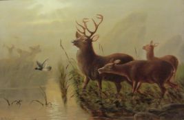 William James Smith Crampton (British 1855-1935): Startled Mallard and Deer Herd by the Riverside,