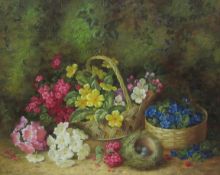 Robert Caspers (British 20th/21st century): Still Life Baskets of Flowers and Bird's Nest,
