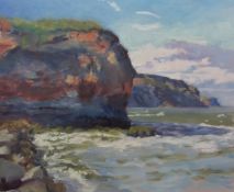 Catherine Tyler (British 1949-): 'Staithes Cliffs', oil on canvas,