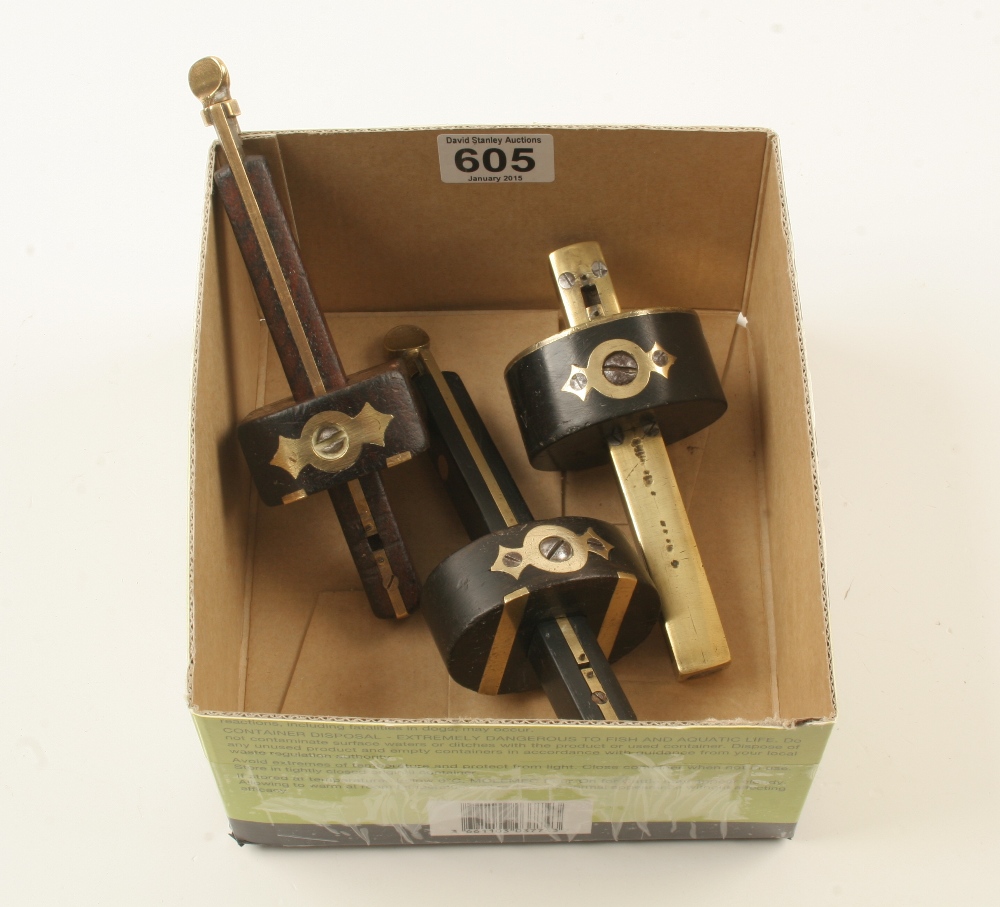 Three rosewood and brass mortice gauges