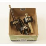 Three rosewood and brass mortice gauges